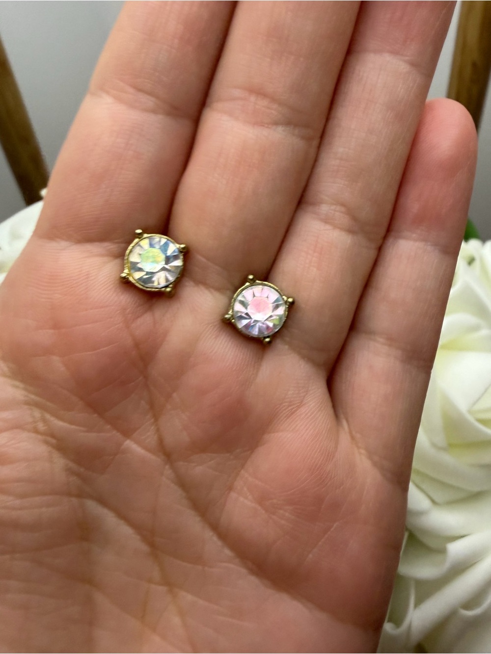 Aurora Crystal Stud Earrings in Iridescent Pink and White - Gold Tone - Picture 2 of 5